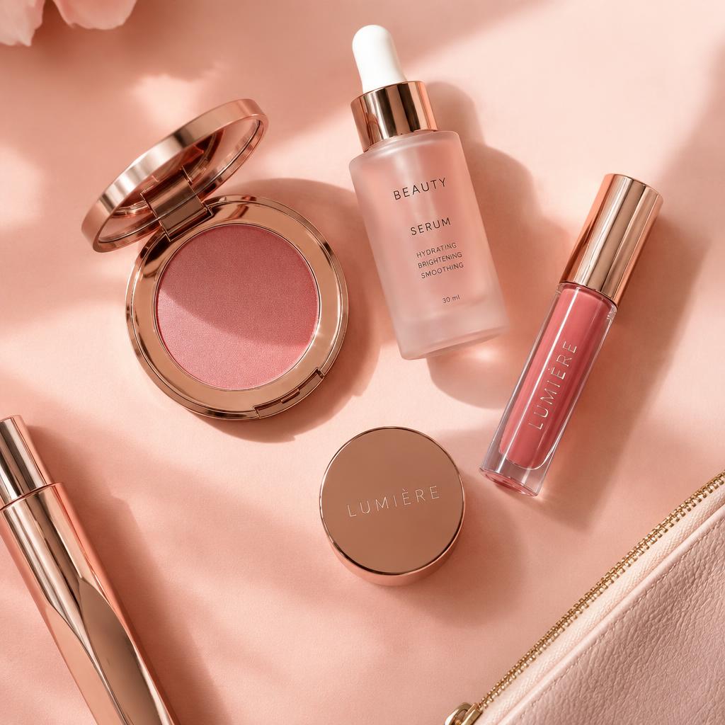 Produtos de beleza em tons rosé